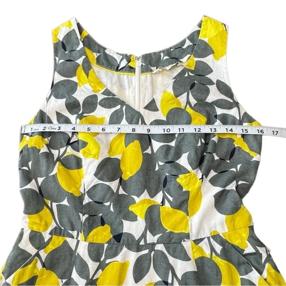 Boden Jade Fit & Flare Linen Cotton Dress Lemon Print Lined V-neck Women Size 4L - Picture 5 of 16